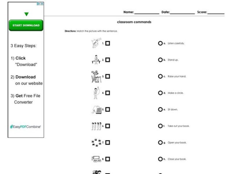Classroom Commands Worksheet