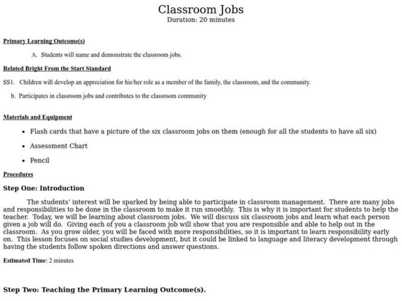 Classroom Jobs Lesson Plan