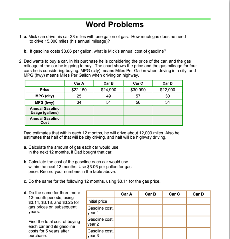 Word Problems 3 Worksheet