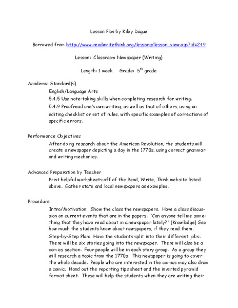 Classroom Newspaper Lesson Plan