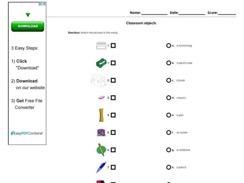 Classroom Objects Worksheet