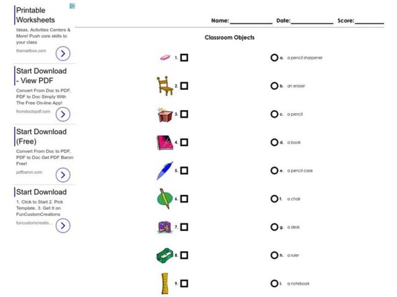 Classroom Objects Worksheet