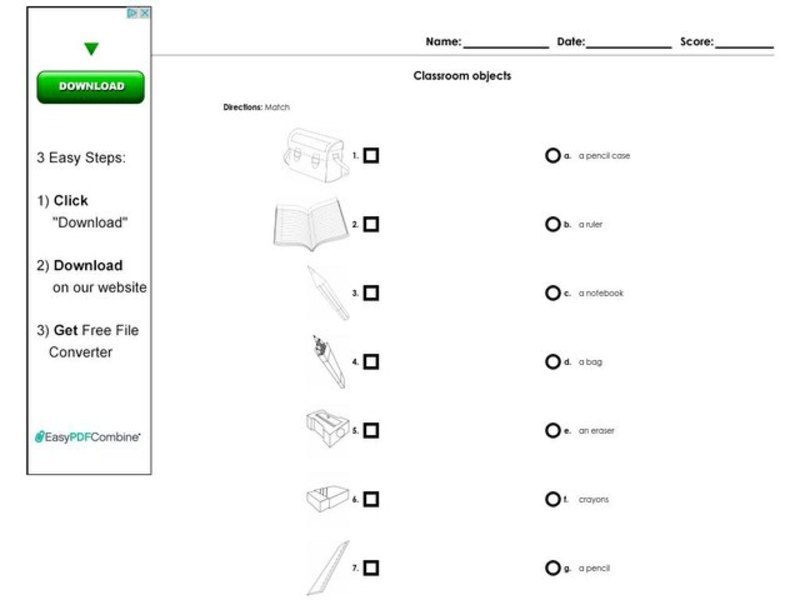 Classroom Objects Worksheet