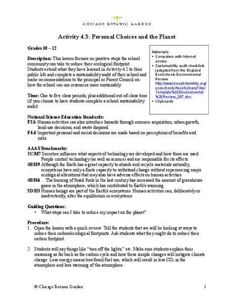 Personal Choices and the Planet Lesson Plan