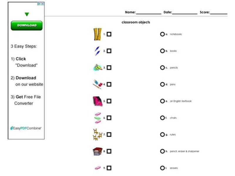 Classroom Objects Worksheet