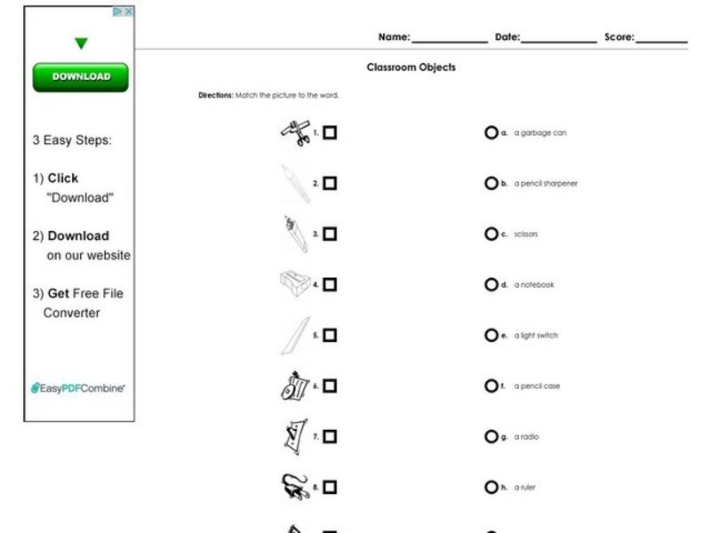 Classroom Objects Worksheet