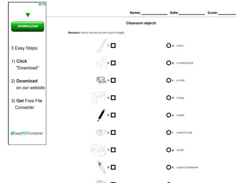 Classroom Objects Worksheet