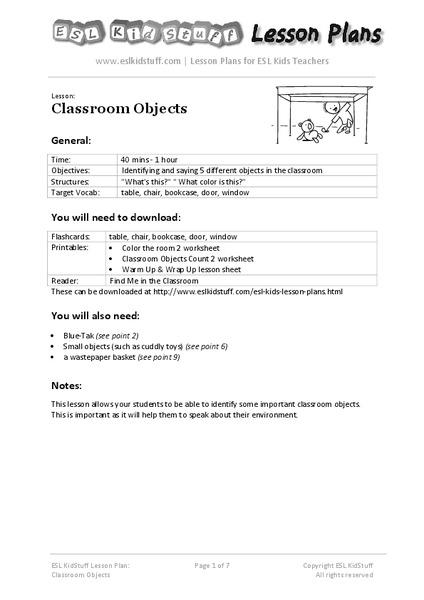 Classroom Objects Lesson Plan