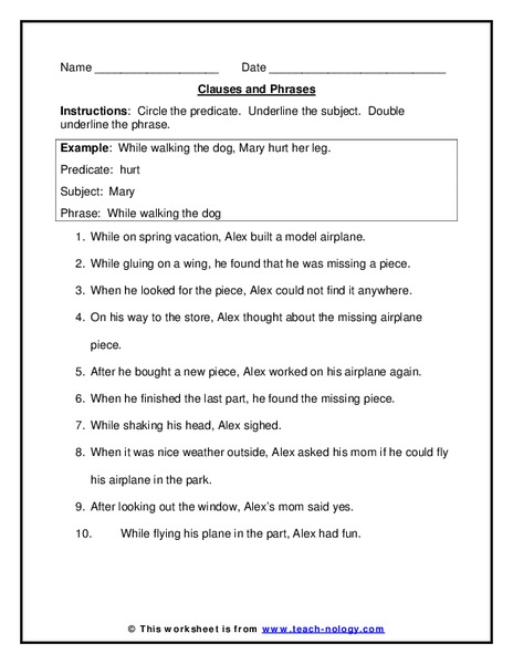 Clauses and Phrases Worksheet