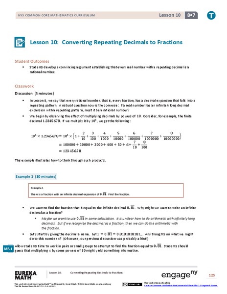 Converting Repeating Decimals to Fractions Lesson Plan