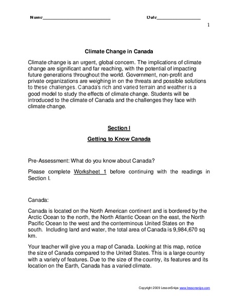 Climate Change in Canada Worksheet