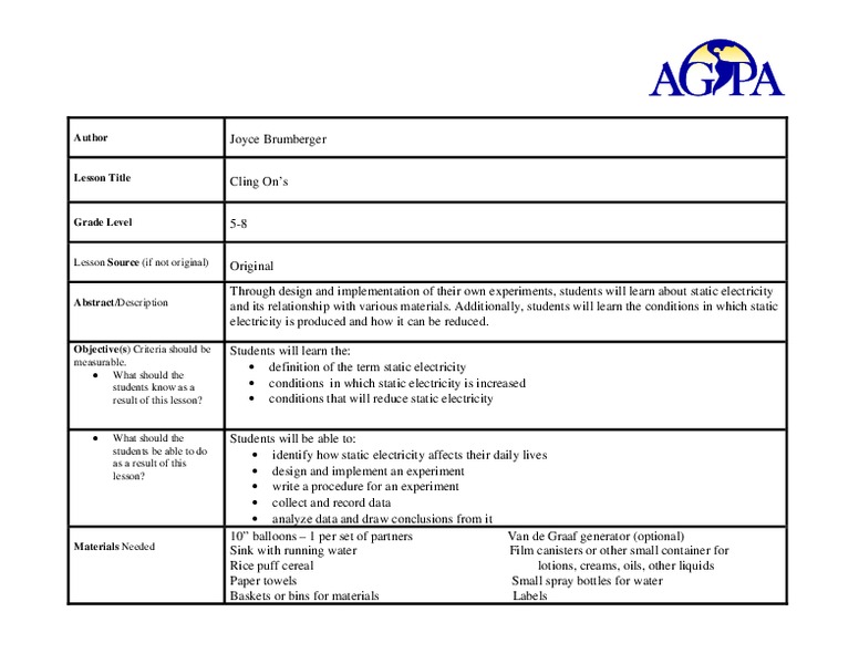 Cling On's Lesson Plan