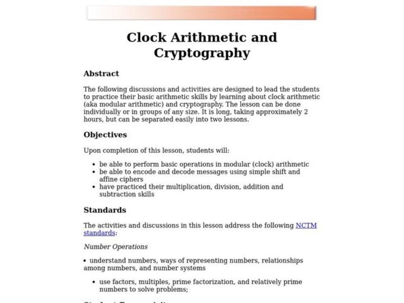 Clock Arithmetic and Cryptography Lesson Plan