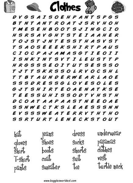 Clothes Word Search Worksheet