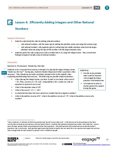 Efficiently Adding Integers and Other Rational Numbers Lesson Plan