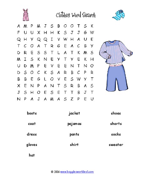 Clothes Word Search Worksheet