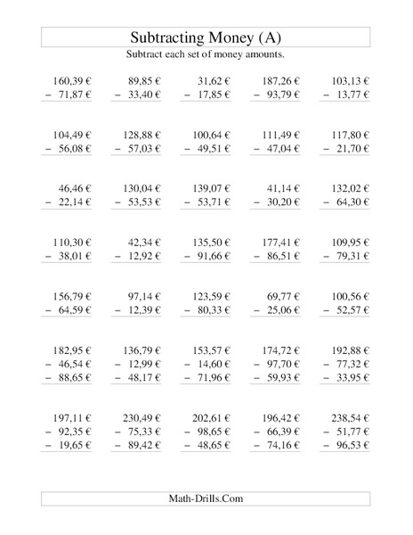 Subtracting Money (A2) Worksheet