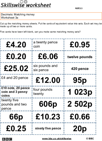 Decimals: Matching Money Worksheet