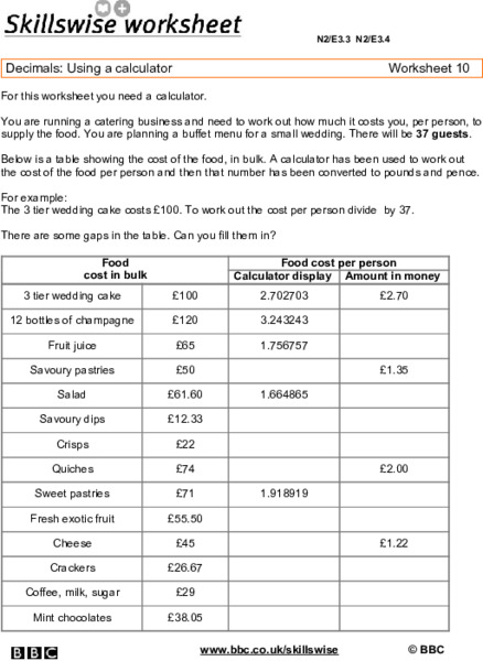 Decimals: Using a Calculator Worksheet