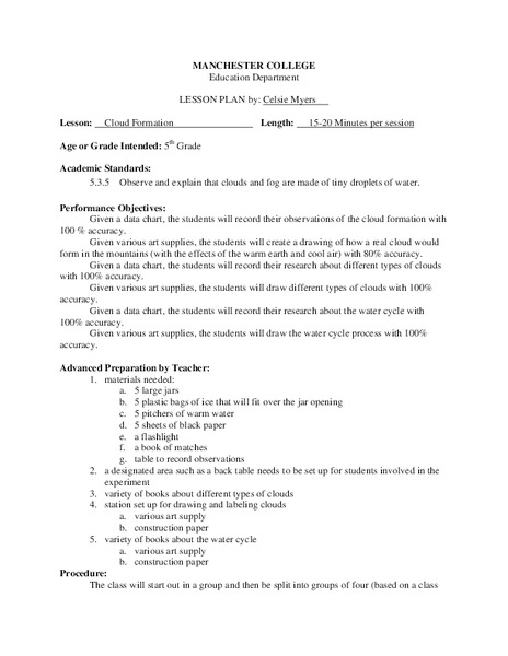 Cloud Formation Lesson Plan