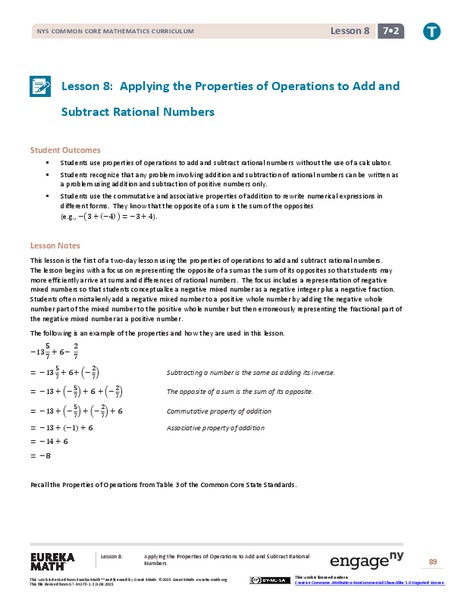 Applying the Properties of Operations to Add and Subtract Rational Numbers 1 Lesson Plan