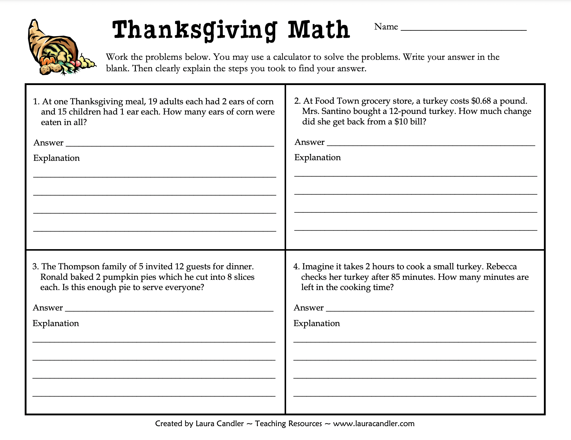 Thanksgiving Math Worksheet