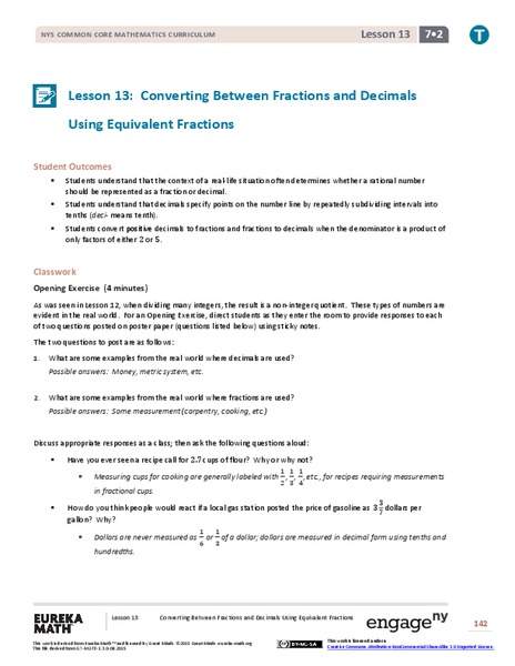 Converting Between Fractions and Decimals Using Equivalent Fractions Lesson Plan