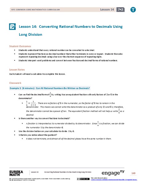 Converting Rational Numbers to Decimals Using Long Division Lesson Plan