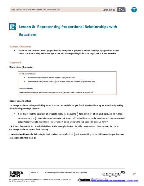 Representing Proportional Relationships with Equations Lesson Plan