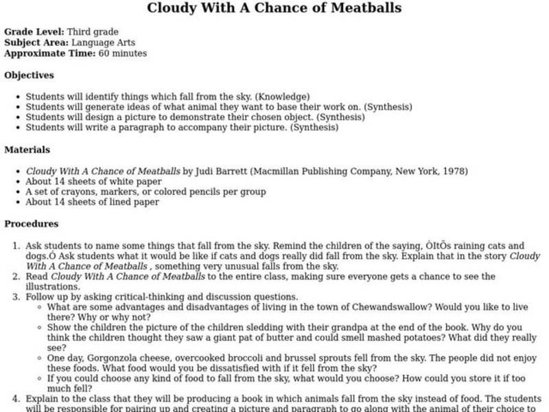 Cloudy With A Chance of Meatballs Lesson Plan