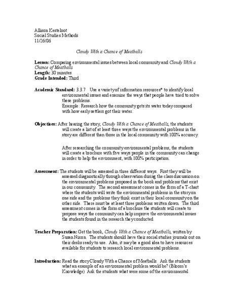 Cloudy With A Chance of Meatballs Lesson Plan