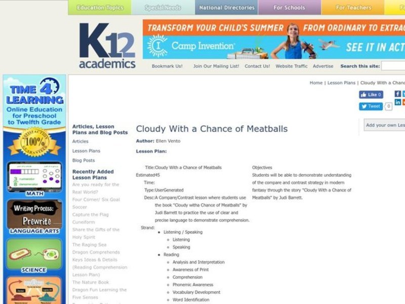 Cloudy With a Chance of Meatballs Lesson Plan