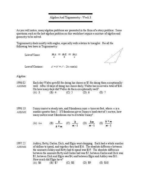 Algebra and Trigonometry - Week 3: Story Problems Worksheet