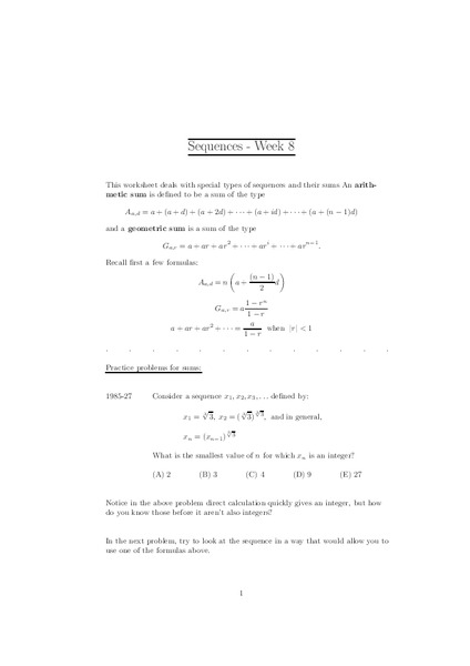 Sequences - Week 8 Worksheet