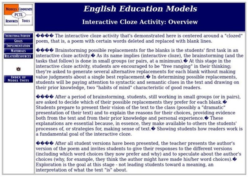 Cloze Activity Lesson Plan