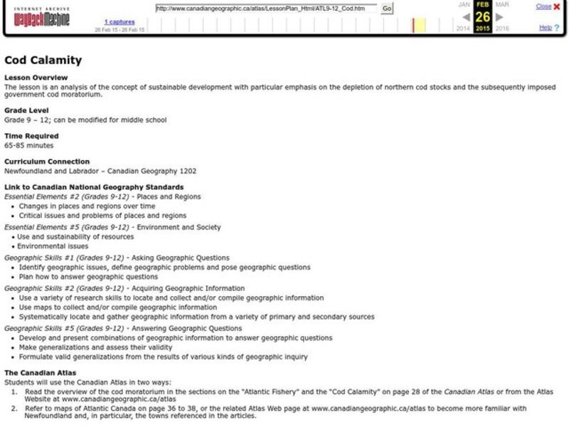 Cod Calamity Lesson Plan