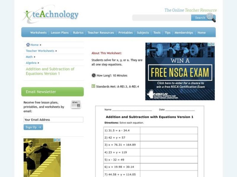 Algebra: Addition and Subtraction Equations Worksheet