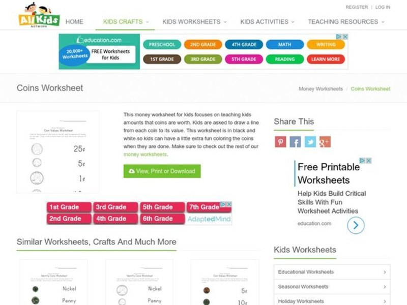 Coin Values Worksheet Worksheet