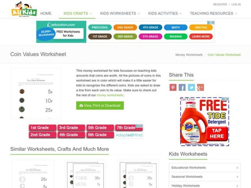 Coin Values Worksheet Worksheet