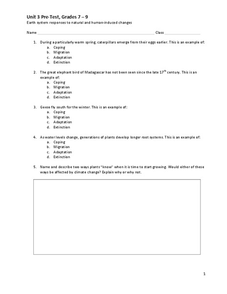 Unit 3 Pre-Test, Grades 7–9 Assessment