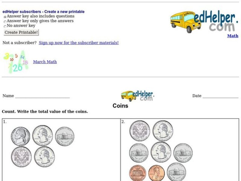 Coins Worksheet