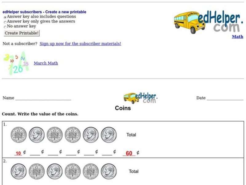 Coins Worksheet