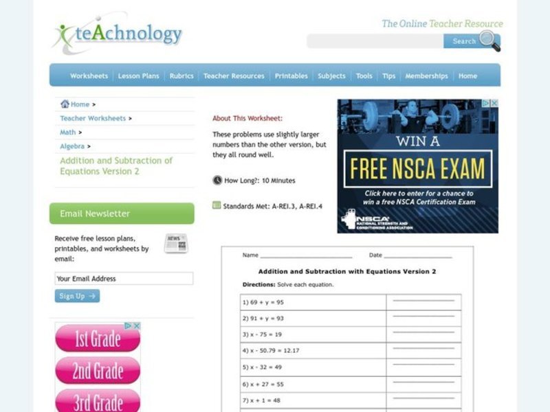 Algebra: Addition and Subtraction Equations Worksheet