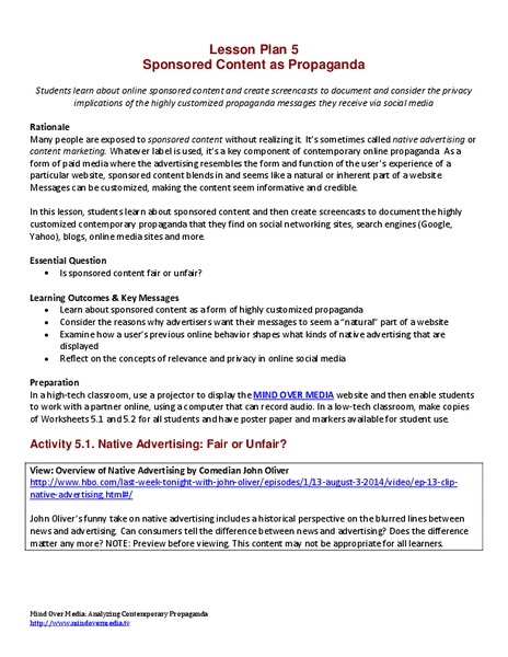 Sponsored Content as Propaganda Lesson Plan