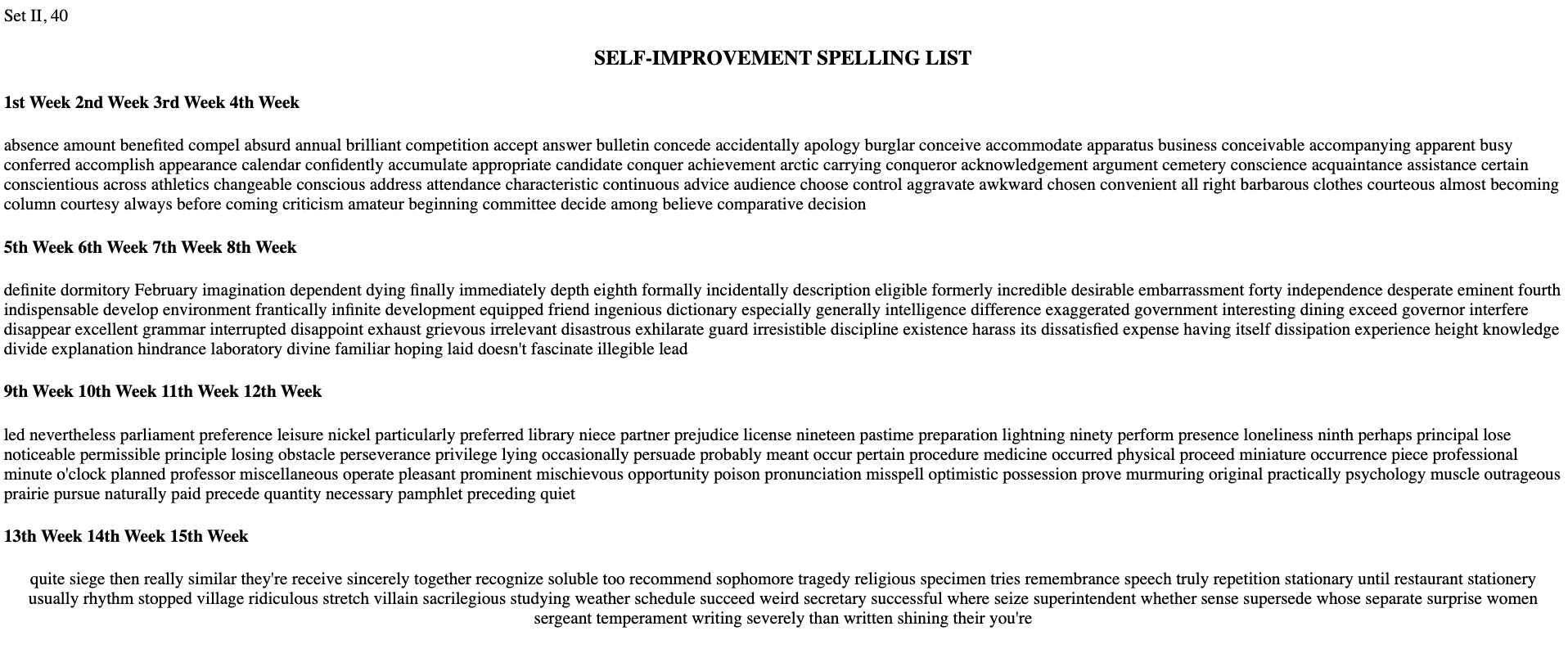 Self-improvement Spelling List Worksheet