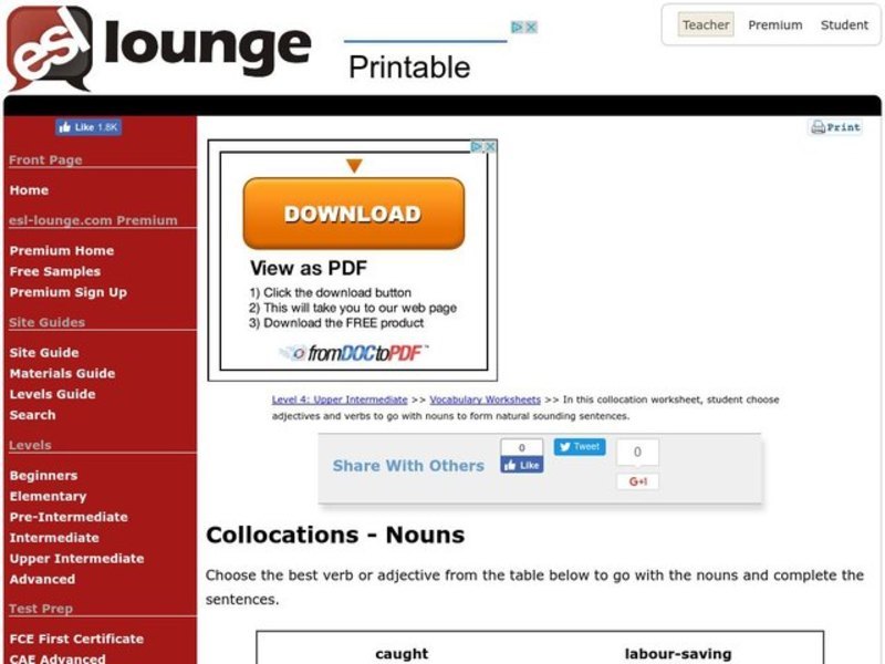 Collocations-- Nouns Worksheet