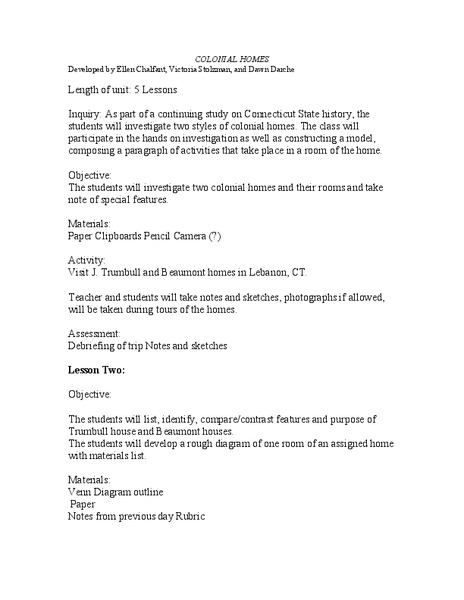 Colonial Homes Lesson Plan