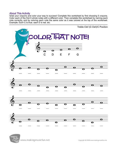 Color That Note | Free Note Name Worksheet - Treble Clef/C Position (Digital Print) Worksheet