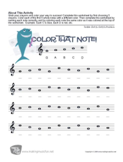 Color That Note | Free Note Name Worksheet - Treble Clef/G Position (Digital Print) Worksheet