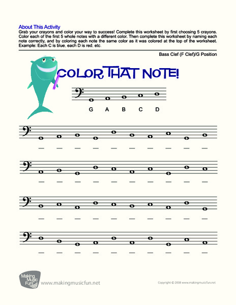 Color That Note | Free Note Name Worksheet - Bass Clef/G Position (Digital Print) Worksheet